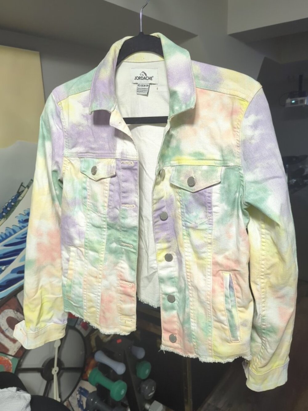 Jordache Pastel Tie-Dye Denim Jacket - Women XS - Vibrant Multicolor Frayed Hem